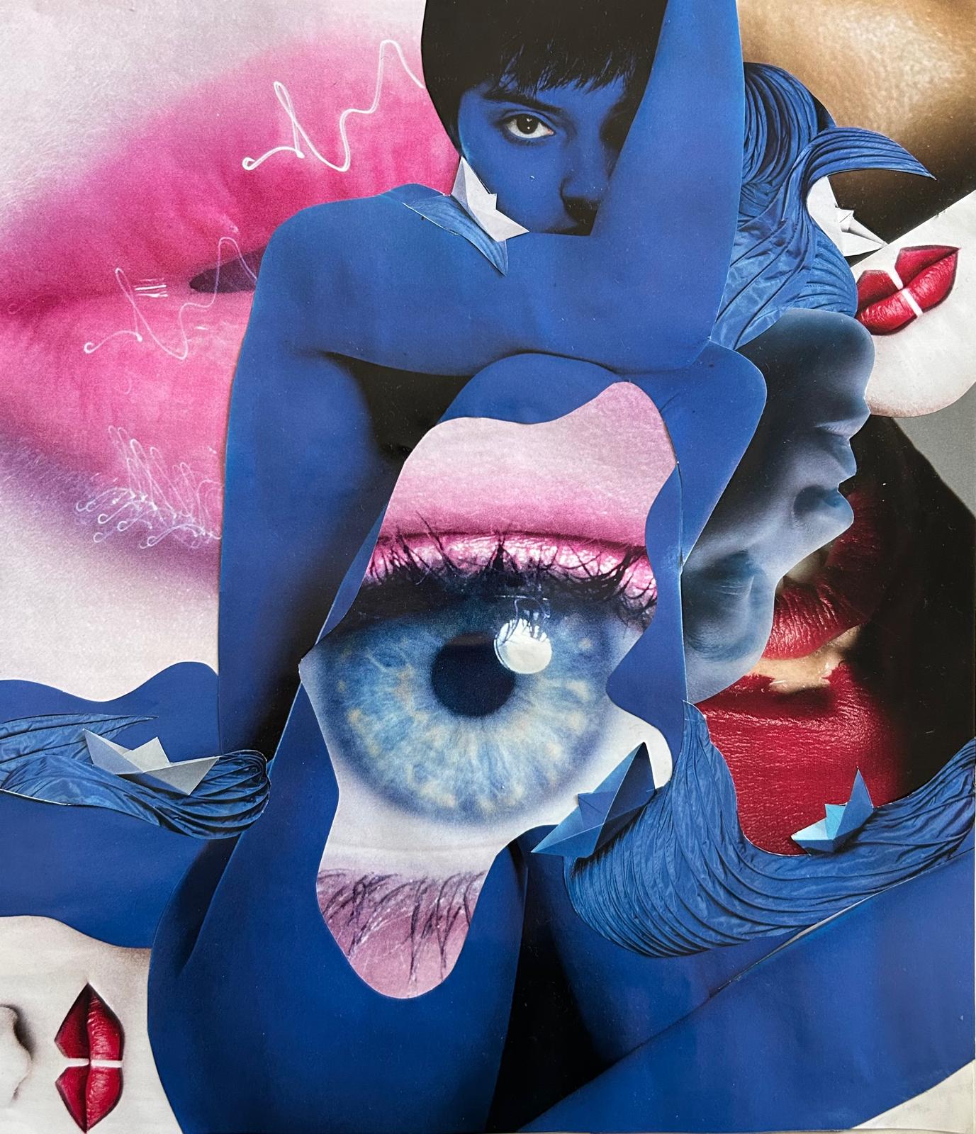 Blue Nude: blue-tinted nude figure embracing a large blue eye, surrounded by pink and red lips