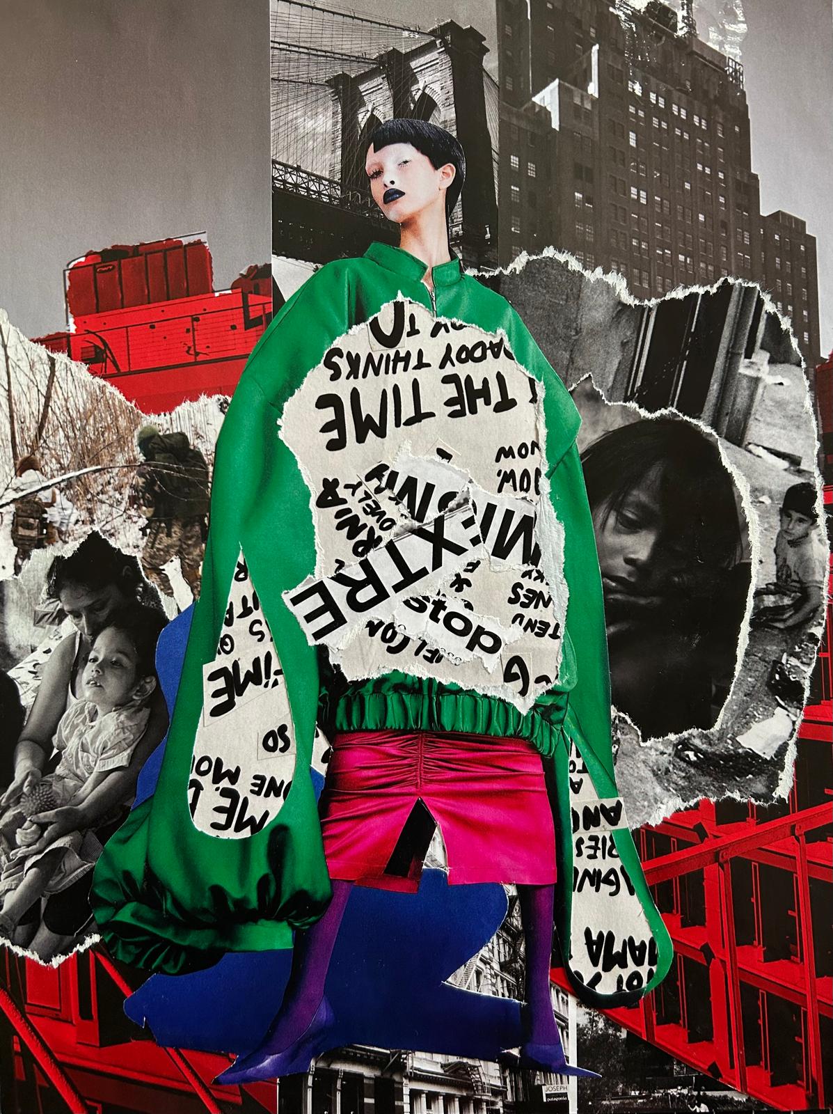 Destruction and Suffering: figure in a green coat printed with text among torn black-and-white faces and red city buildings
