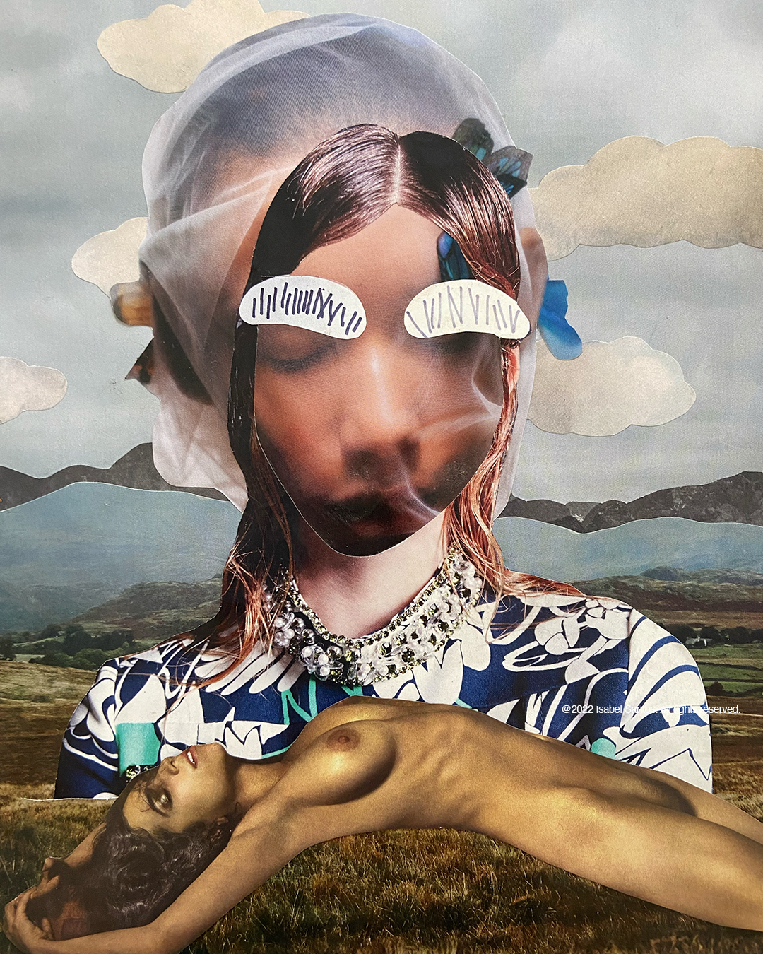 Emotional State: woman with a veil over her head and painted closed eyes before a mountain landscape, a reclining nude figure in the foreground