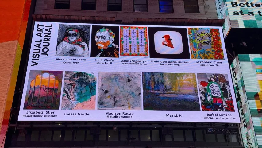 Times Square billboard showing a Visual Art Journal grid of artworks that includes Isabel Santos