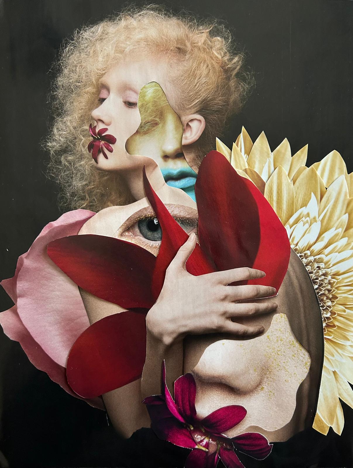 Female Beauty: blonde woman's profile with red petals, a blue lip and a yellow sunflower on a black background