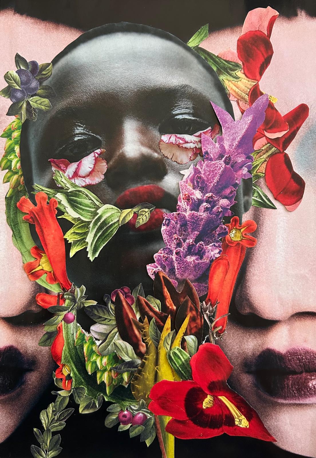 Force of Nature: close-up of a face covered with red, purple and green flowers and leaves