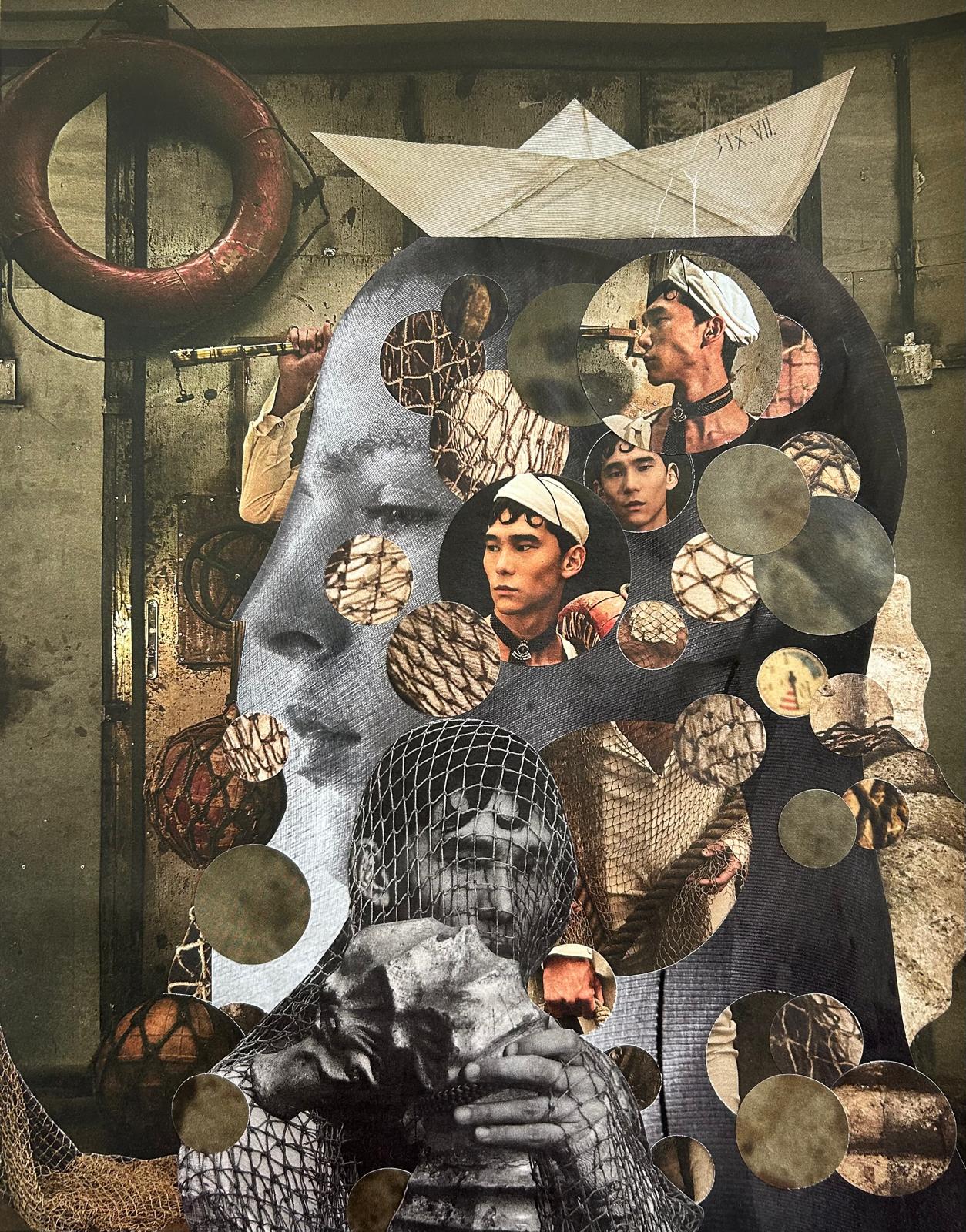 Land in Sight: sailors' faces in circular frames over a large grey profile, with a paper boat and a life ring on a dark background