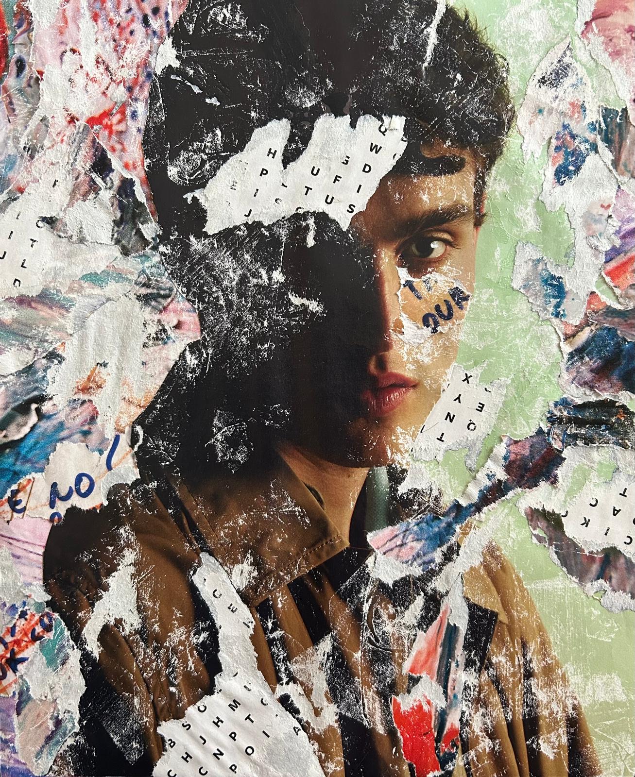 Lost Thoughts: young man's face with torn paper fragments and white paint marks over his hair and shoulders