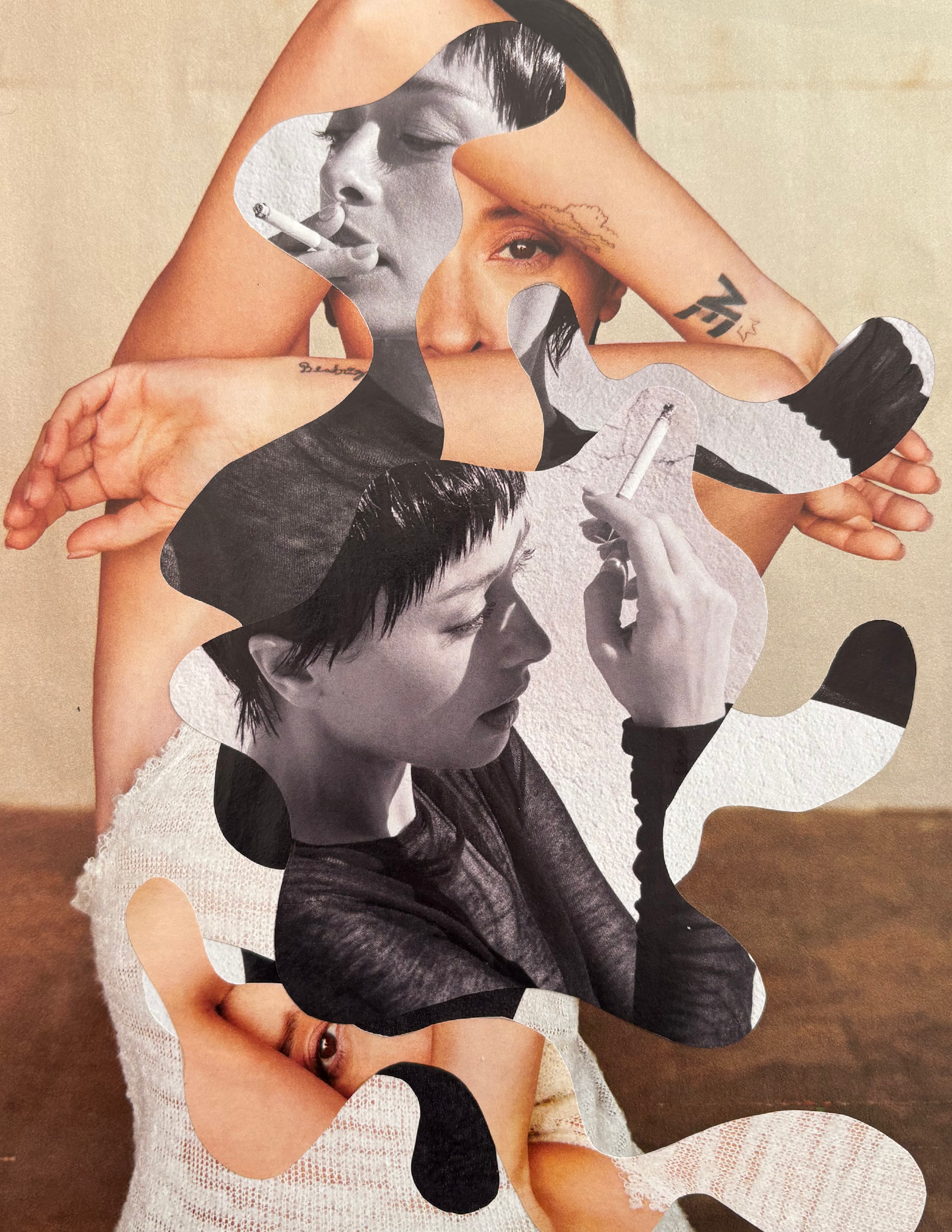 Marisa Liz: black-and-white collage of a short-haired woman smoking, built from curving cut-outs of arms and faces on a warm beige ground
