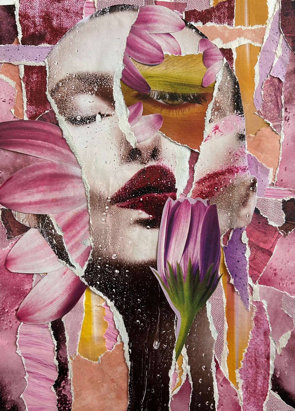 Natural Beauty: pink torn-paper portrait of a woman with a purple flower in front of her mouth