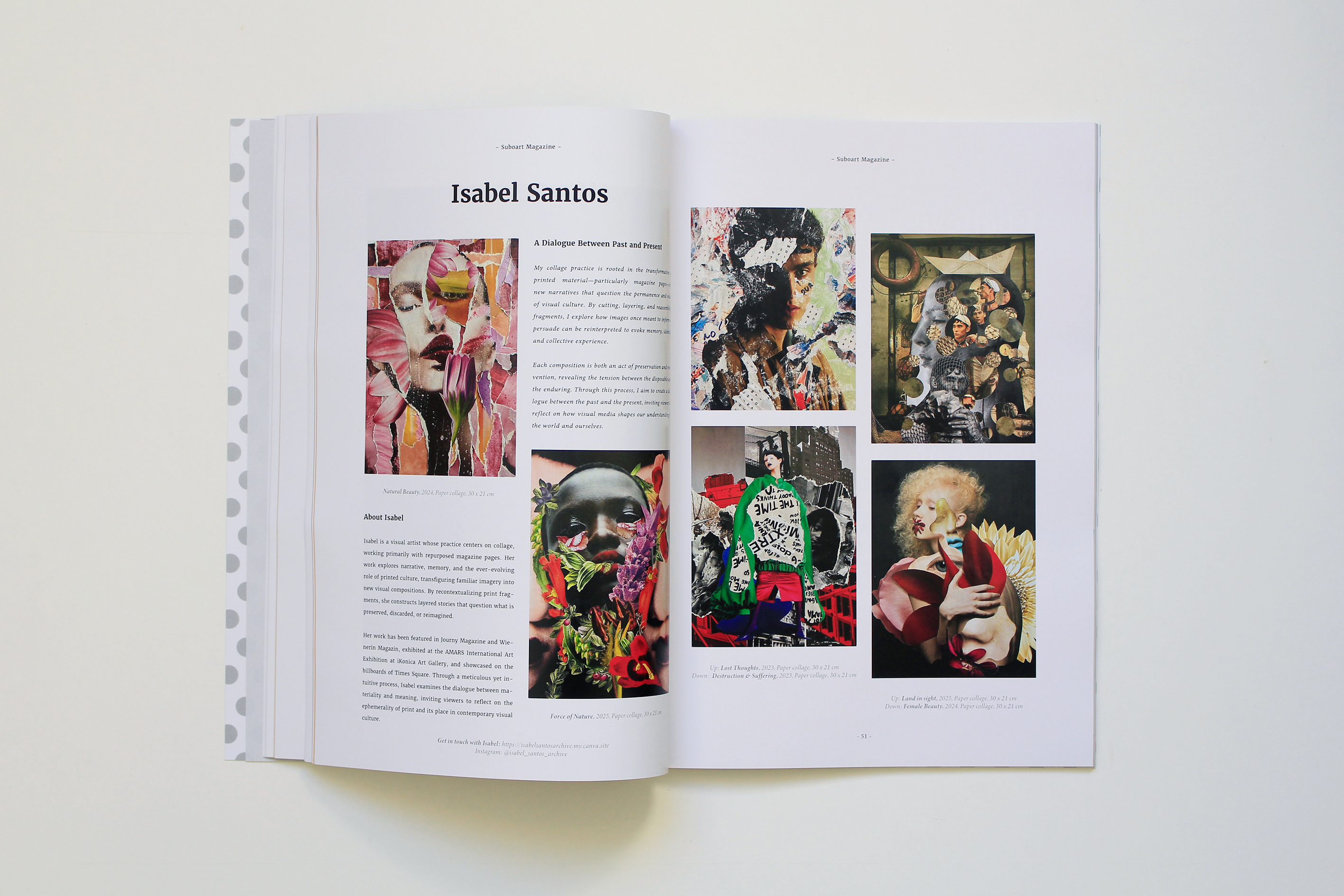 Open spread of Suboart Magazine No. 53 featuring collages by Isabel Santos