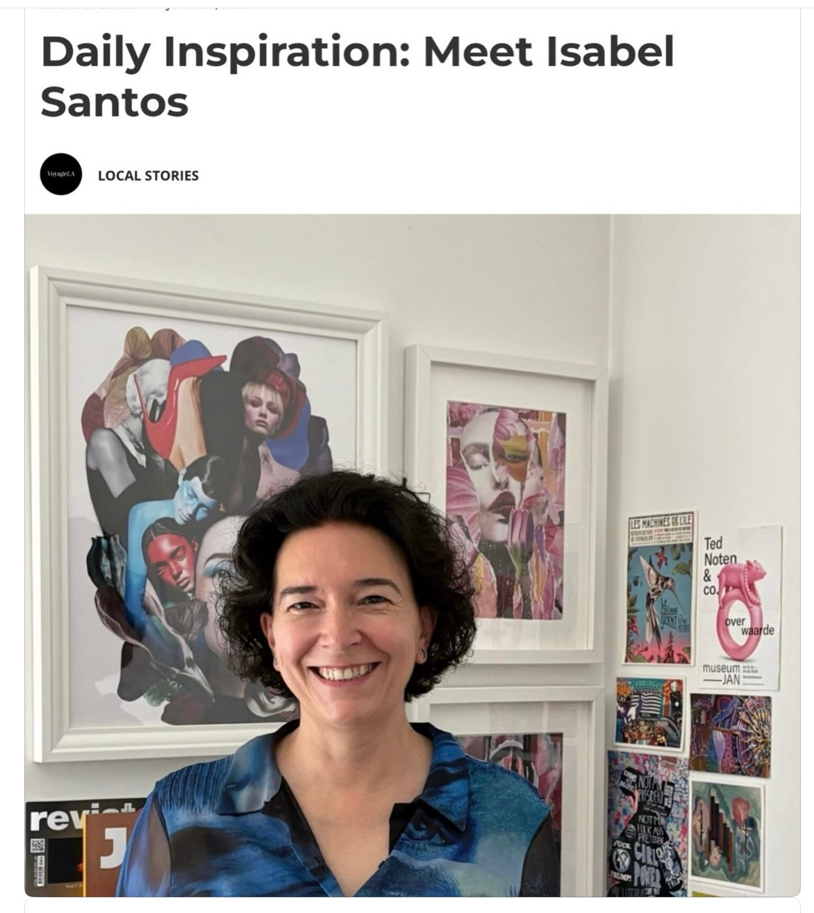 Isabel Santos smiling in front of her framed collages, from the VoyageLA interview