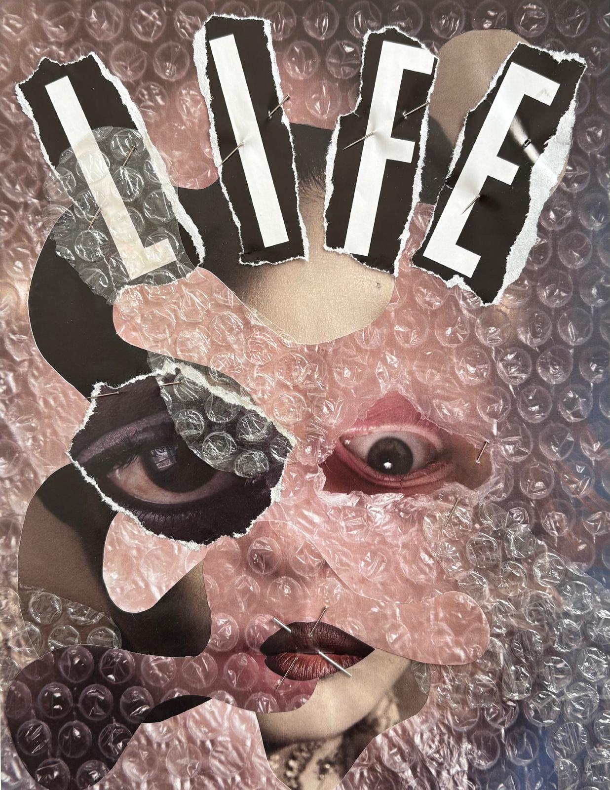 Suffering: pink bubble-wrap textured face with a single eye beneath torn black letters spelling 'LIFE'