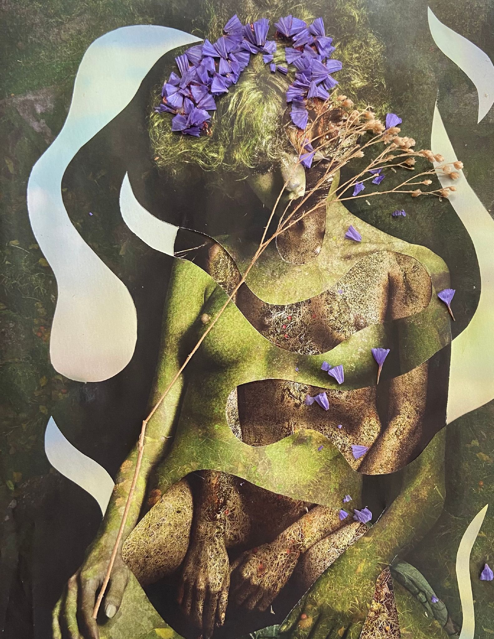 The Innocence: green-toned crouching figure crowned with purple flowers, framed by white wave-like shapes